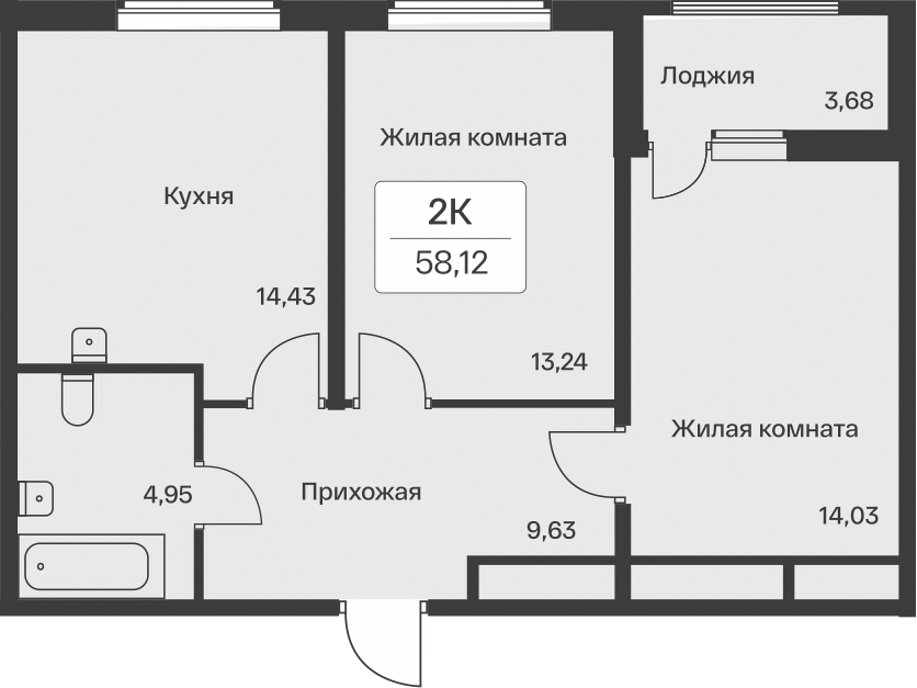 2-комнатная квартира 58.12 м², 6/11 эт., ЖК «Расцветай в Янино»